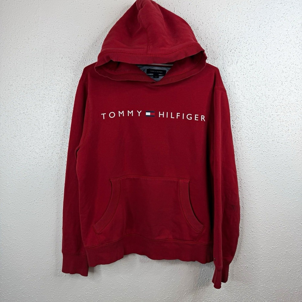 Tommy Hilfiger Men's Red Fleece Cotton Logo Pullover Hoodie Pockets Size M